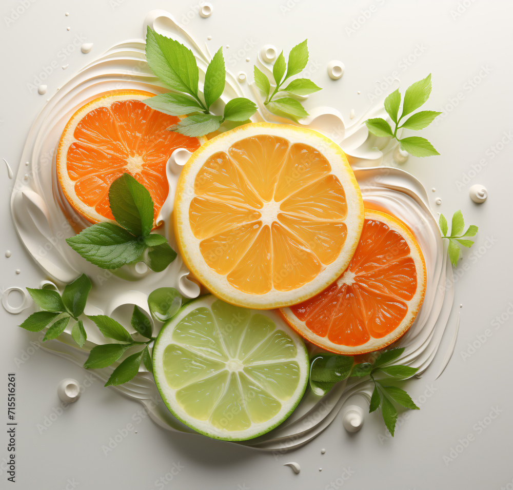 Arranged slices of oranges and limes with mint leaves. Decorative vitamin grouping. Arranged slices of oranges and limes with mint leaves. Decorative vitamin grouping.