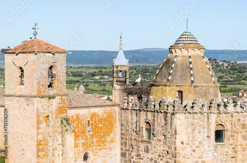 Nesting storks on the the Iglesia de San Martin, on the left and centre, and Torre del Alfiler, on the right, Trujillo, Caceres, Extremadura, Spain photo