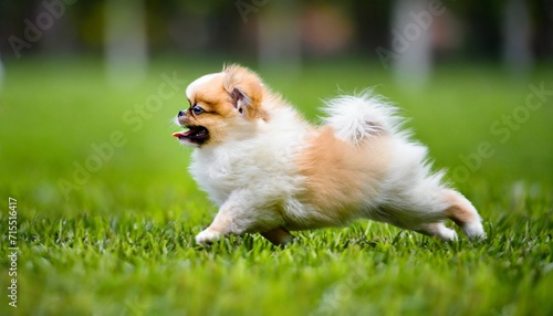 cute puppies pomeranian mixed breed pekingese dog run on the grass with happiness photo