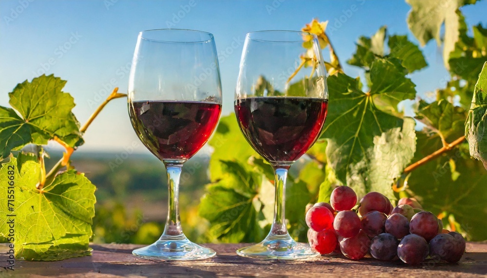 two glasses of wine on colorful grapes leaves background romantic evening