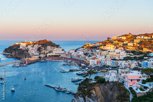Traditional and colorful fishing town of Ponza seen from above at sunset, Pontine archipelago, Latina province, Tyrrhenian Sea, Latium  Europe