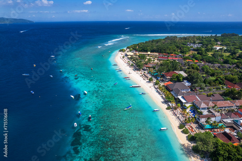 Aerial view of Gili Trawangan beach with boats anchored in the ocean, Gili Trawangan, Gili Islands archipelago, Lombok, West Nusa Tenggara, Indonesia, Southeast Asia photo