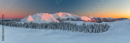 Panoramic winter view of the massif of Viglio mountain covered with snow at sunset, Simbruini regional park, Apennines, Latium  photo