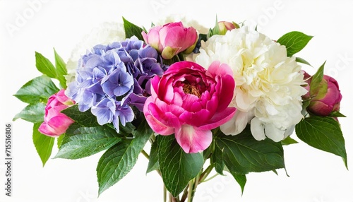 floral line arrangement bouquet of garden flowers pink peonies green leaves white roses iris hydrangea isolated on white background can be used for wedding invitations greeting cards © Marcelo