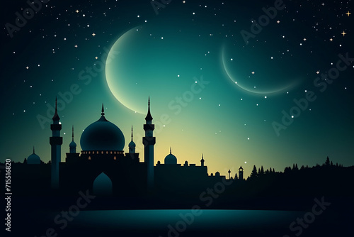 Nighttime silhouette of a mosque with crescent moon Generative AI © Fauzi