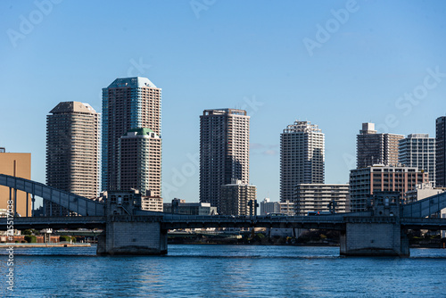 Highrise skyscrapers on Sumida River, Chuo City district, Toyko, Honshu, Japan photo