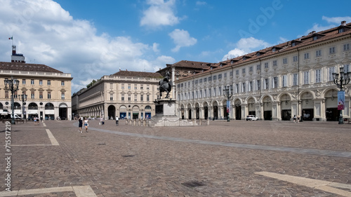 View of Piazza San Carlo, a significant square showcasing Baroque architecture and featuring the 1838 Equestrian monument of Emmanuel Philibert by Carlo Marochetti at its center, Turin, Piedmont photo