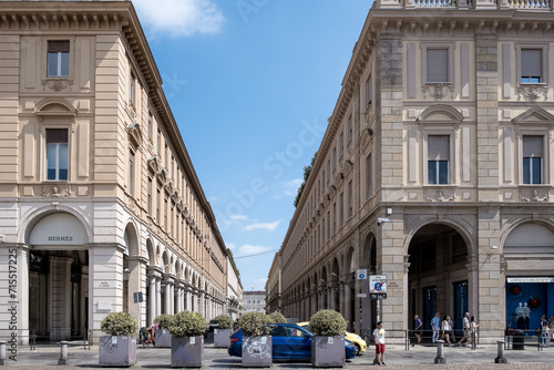 View of Via Roma, an iconic shopping street with luxury stores, from Piazza San Carlo, a square renowned for its Baroque architecture, Turin, Piedmont