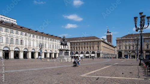 View of Piazza San Carlo, a square showcasing Baroque architecture and featuring the 1838 Equestrian monument of Emmanuel Philibert by Carlo Marochetti at its center, Turin, Piedmont photo