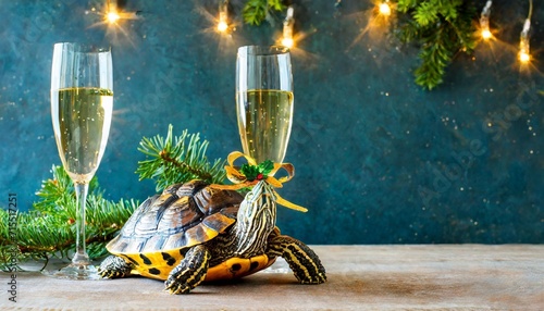 new year s eve sylvester new year or birthday party celebration greeting card turtle with suit bow tie and champagne glass champagne cheers during a celebration isolated on dark blue background