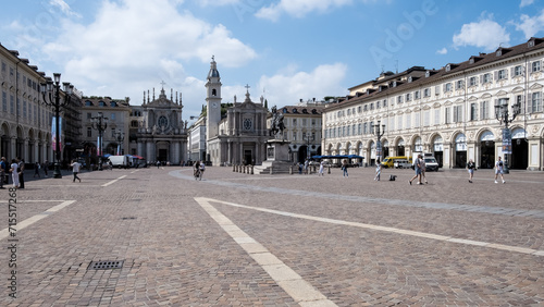 View of Piazza San Carlo, a significant city square showcasing Baroque architecture, featuring the 1838 Equestrian monument of Emmanuel Philibert by Carlo Marochetti at its center, Turin, Piedmont photo