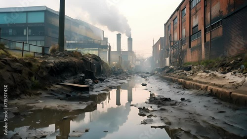 The gentle stream that once flowed crystal clear now runs thick with murky smoke, as the nearby factories continue their relentless pollution of the waterways. photo