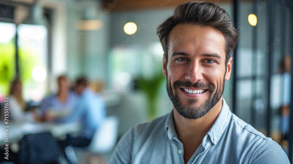Smiling confident man business leader smiling looking at camera and standing in an office at team meeting. Smiling confident man business leader smiling looking at camera and standing in an office at team meeting.