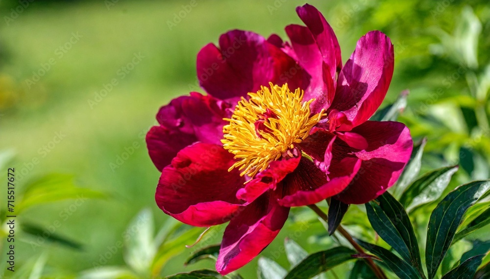 a red peony with a yellow center in the garden on a sunny day