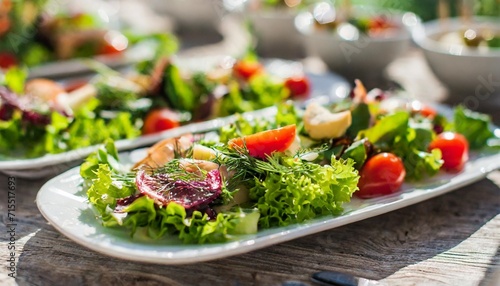 mini fresh salads with sauce catering served table with appetizers selective focus