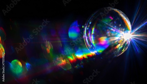 lens flare abstract bokeh lights leaking reflection of a glass crystal defocused shining colorful rainbow light leaks rays on black background