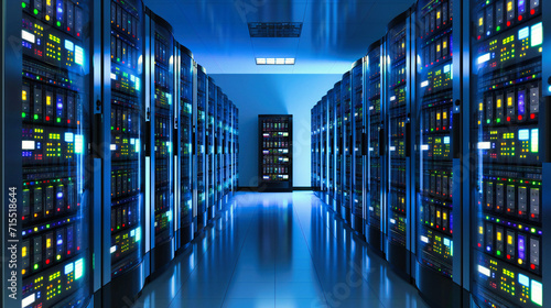 Datacenter Server Room: A datacenter server room with technology, connectivity, and networking equipment for data storage and processing photo