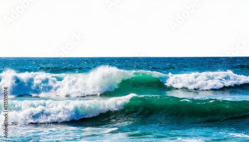 big ocean blue waves with white foam isolated on a white background banner format
