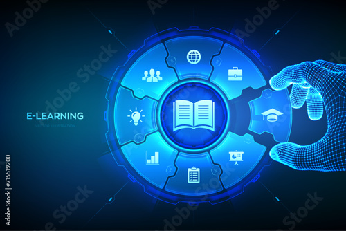 E-learning. Online education technology concept. Webinar, teaching, online training courses. Skill development. Hand places an element into a composition visualizing Learning. Vector illustration.