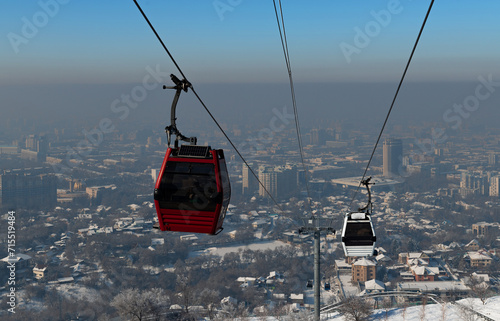 A cable car over the Kazakh city of Almaty and winter smog, which is considered a real environmental disaster