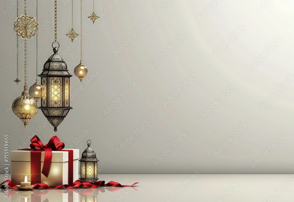 ramadan kareem islamic background, 3d rendering lentern with gift box, sale banner background, ramadan background white copy space