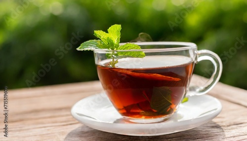 black tea with mint in glass cup on wooden table with green natural blurred background