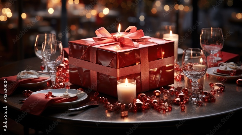 Red gift box and ribbon in a fantasy setting UHD wallpaper