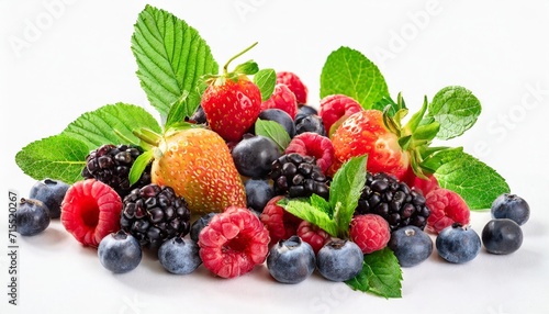 mix berries with leaves in closeup on white background