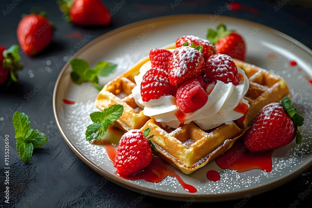 Close-up of a freshly baked waffle topped with a colorful array of berries, dusted with powdered sugar Close-up of a freshly baked waffle topped with a colorful array of berries, dusted with powdered sugar