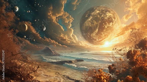 Mystical Interconnected Ecosystems in a Parallel Universe with Planets  Ocean Waves  and Golden Sunset