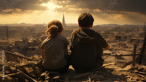 Children. Conflict concept. Burning and destroyed city by war. Concept of crisis of war creative decoration. Selective focus photo