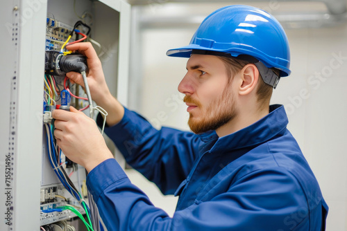 Skilled Electrician in Blue Uniform Fixes Wiring