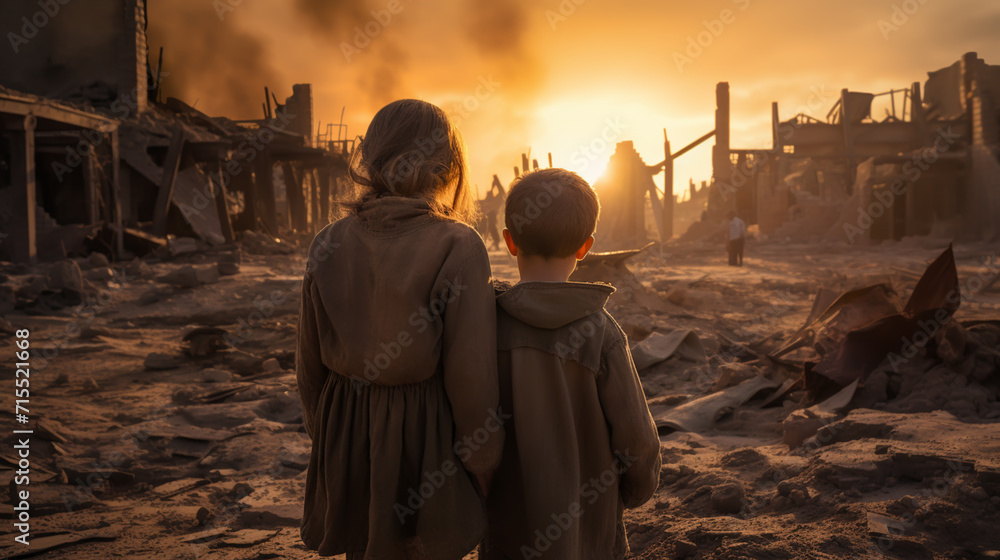 Fototapeta premium Children. Conflict concept. Burning and destroyed city by war. Concept of crisis of war creative decoration. Selective focus