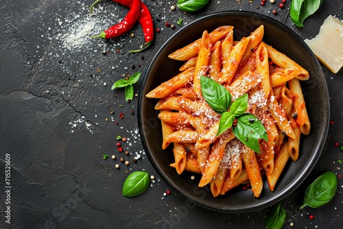 Classic Italian pasta penne allay arrabiata with basil and freshly grated parmesan cheese on dark table. Penne pasta with chili sauce arrabbiata. Top view, above, copy space