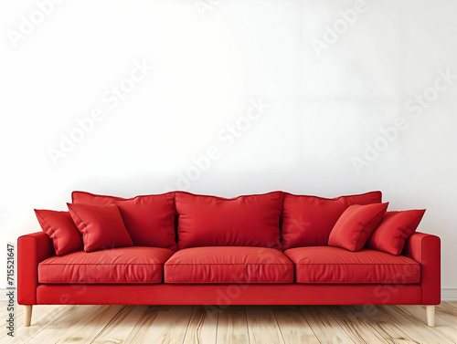 Modern big red sofa for living room on a clean bright white wall background and wooden floor. High-resolution