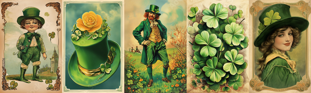 Set of vintage antique style St Patrick's day holiday greeting cards, people with green hats, clover and shamrocks in Ireland - obrazy, fototapety, plakaty 