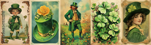 Set of vintage antique style St Patrick's day holiday greeting cards, people with green hats, clover and shamrocks in Ireland