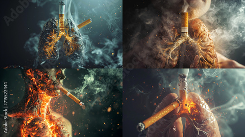 Illustration of a thought-provoking visual concept for No Tobacco Day, highlighting the harmful effects of cigarettes on the lungs and body. An image of a real cigarette interacting with the interbody photo