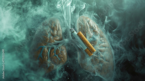 Illustration of a thought-provoking visual concept for No Tobacco Day, highlighting the harmful effects of cigarettes on the lungs and body. An image of a real cigarette interacting with the interbody photo
