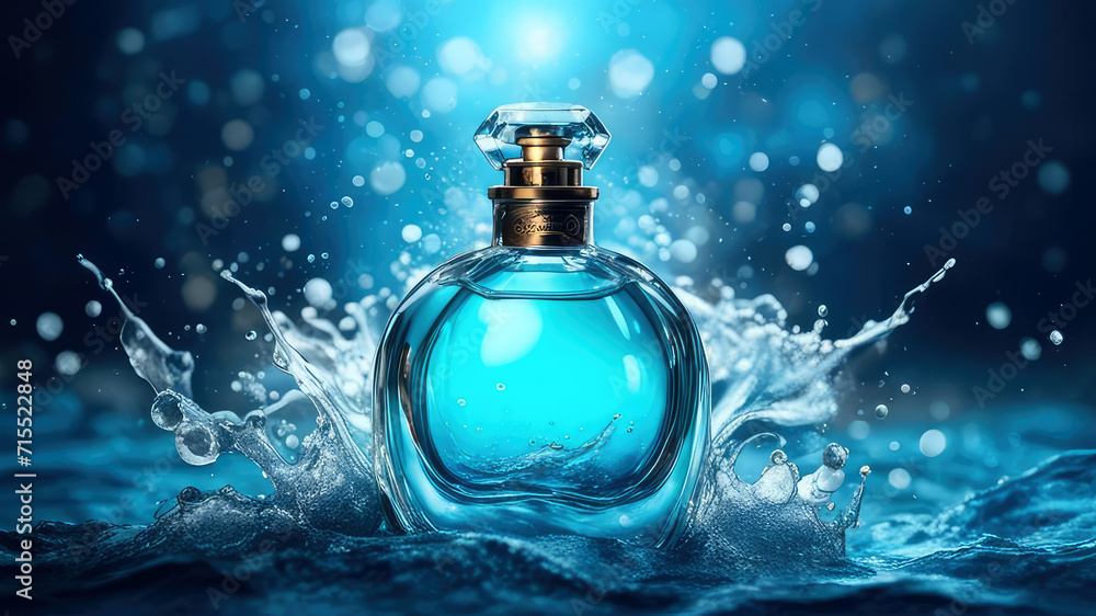 Perfume bottle surrounded by splashing waves on blue sea water bokeh background. Elite perfumery concept.Banner for design with copy space. Generative AI. Perfume bottle surrounded by splashing waves on blue sea water bokeh background. Elite perfumery concept.Banner for design with copy space. Generative AI.