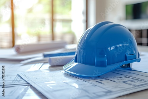 blue construction helmet, Blurred background, Close-up photo