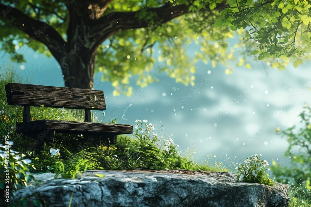a rest and peaceful place on a fantasy earth with a bench 4k fantasty. Generative AI a rest and peaceful place on a fantasy earth with a bench 4k fantasty. Generative AI