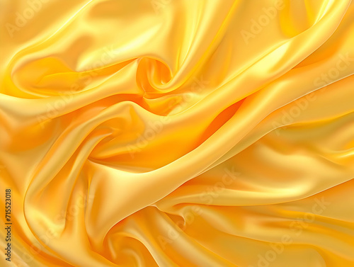 Yellow silk shiny fabric background. Fabric with folds highly detailed. Top view macro photo. High-resolution