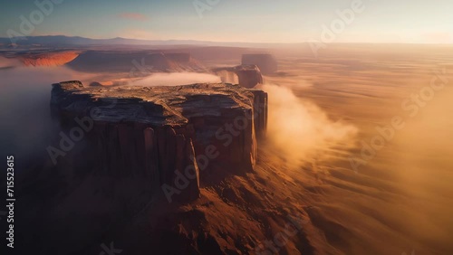 Mist at sunrise covers the valley, with the contours of the rugged terrain faintly visible.
 photo