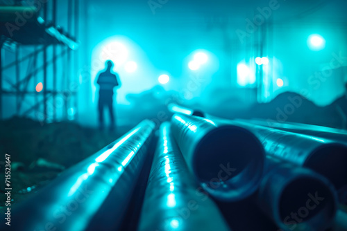 City in Motion: Neon Pipes and Workers at Work