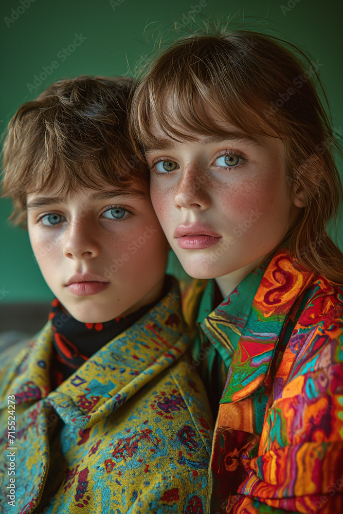 Boy and girl posing for a selfie. Two young children, dressed in cozy winter clothing, stand in front of a brick wall and capture their playful friendship in a selfie, their bright eyes and smiling