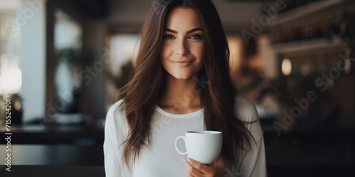 Brunette woman wearing a plain white t - shirt, woman is holding a white coffee mug, woman is in a modern cafe