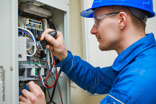 Electrician in Blue-Green Uniform Tackles Repairs
