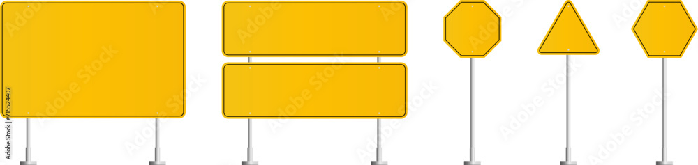 Road traffic signs set. Direction arrow, information board. Attention traffic signs mockup. Blank board with place for text. Isolated Vector illustration. Road traffic signs set. Direction arrow, information board. Attention traffic signs mockup. Blank board with place for text. Isolated Vector illustration.