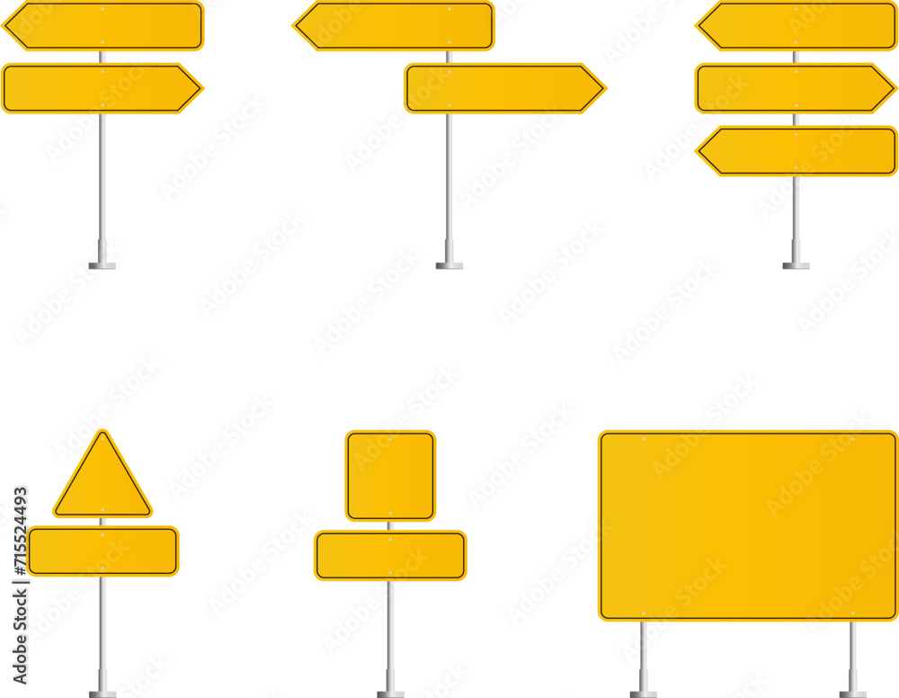 Road traffic signs set. Direction arrow, information board. Attention traffic signs mockup. Blank board with place for text. Isolated Vector illustration. Road traffic signs set. Direction arrow, information board. Attention traffic signs mockup. Blank board with place for text. Isolated Vector illustration.